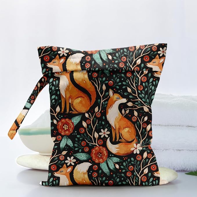 Waterproof Cloth Diaper Wet Dry Bag, Reusable Travel Beach Pool Daycare Soiled Toddler Items Yoga Gym Bag for Swimsuits or Wet Clothes Diaper Forest Animal Fox Wet Bag