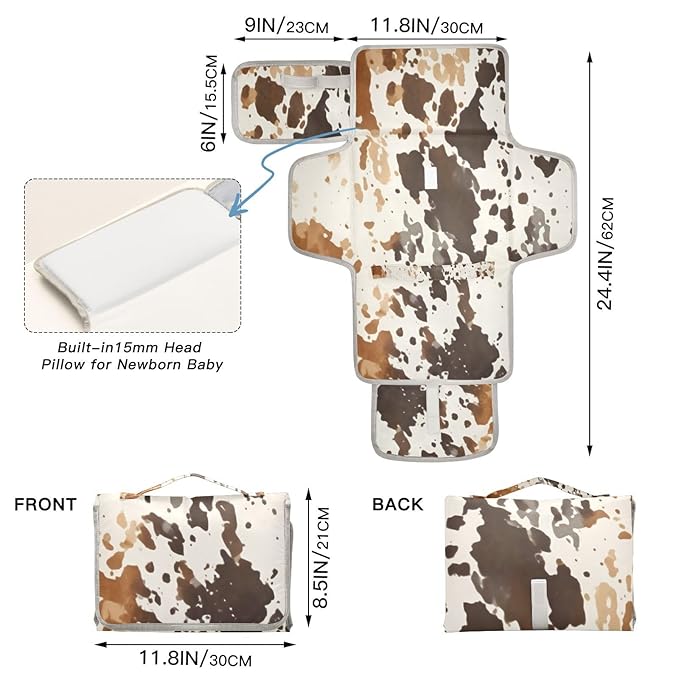 Portable Baby Changing Pad - Retro Cow Print Waterproof Diaper Changing Mats for Baby Boys Girls, Lightweight Changing Pads