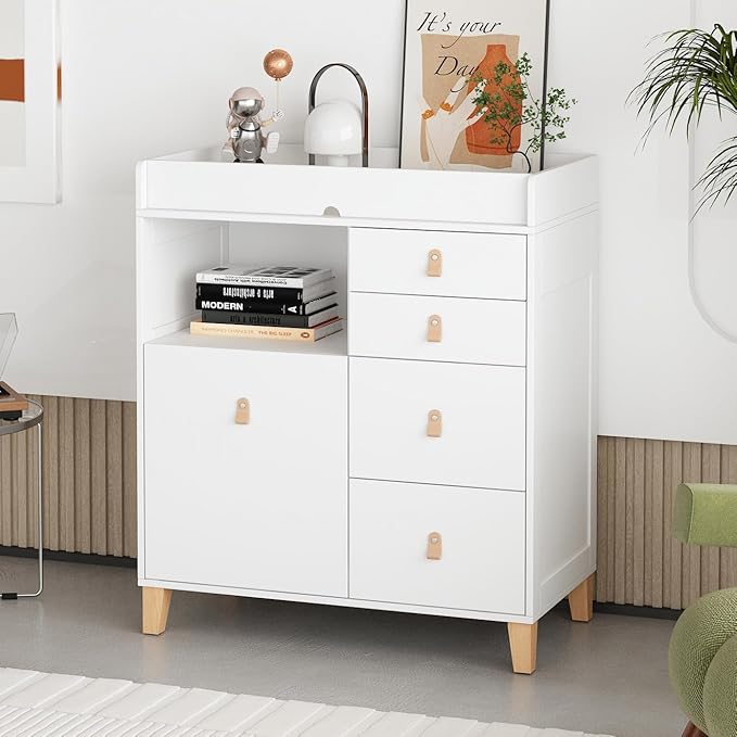 Timechee Baby Changing Table Dresser, 33.5" Baby Nursery Dresser with Drawers & Shelf, Wooden Storage Cabinet Chest w/Changing Station for Infant Kids Bedroom, White