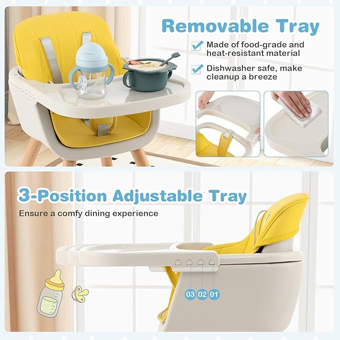 HONEY JOY Baby High Chair, 6-in-1 Eat & Grow Wooden Highchair/Toddler Chair with Removable Tray, 5-Point Harness, PU Cushion and Footrest, Convertible High Chair for Babies and Toddlers(Yellow)