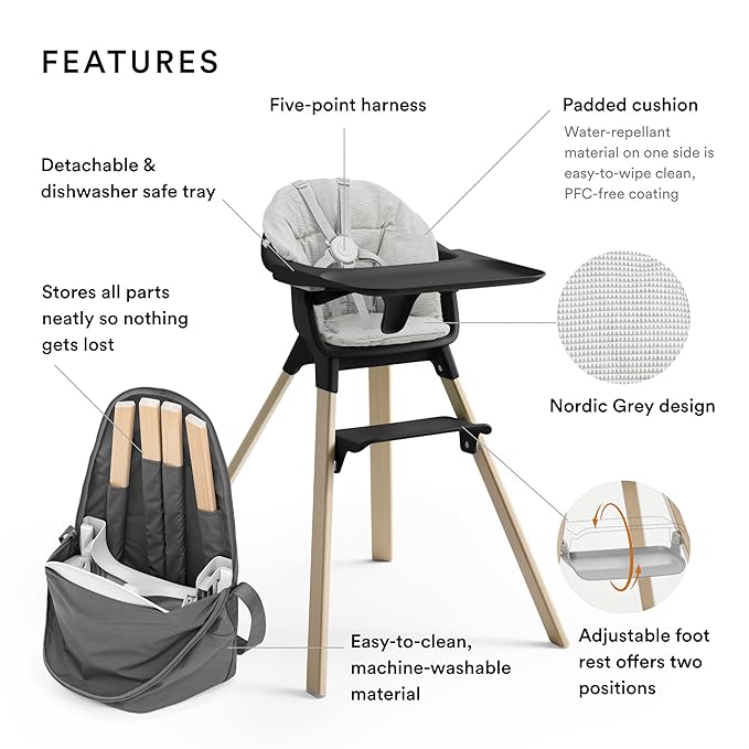 Stokke Clikk High Chair (Black/Natural) with Clikk Cushion (Nordic Grey) + Travel Bag - Includes Tray & Harness - Light, Durable & Travel Friendly - Best for 6-36 Months or Up to 33 lbs