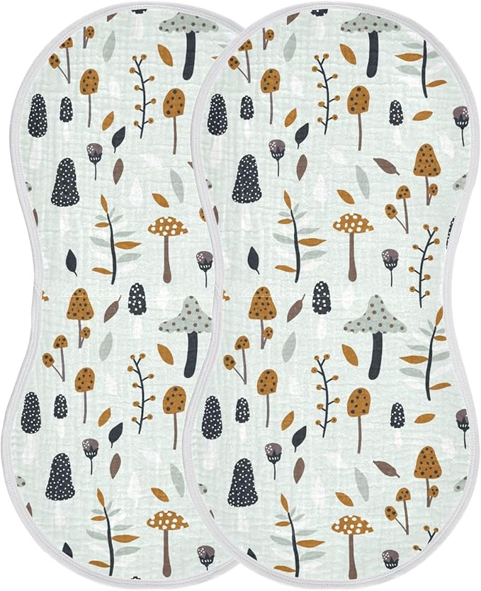 Muslin Burp Cloths for Baby Boys and Girls - 4-Pack Ultra Absorbent Mushroom Muslin Washcloths, Newborn Towel, Milk Spit Up Rags, Burp Cloth Bib for Unisex, 22 x 11 Inch