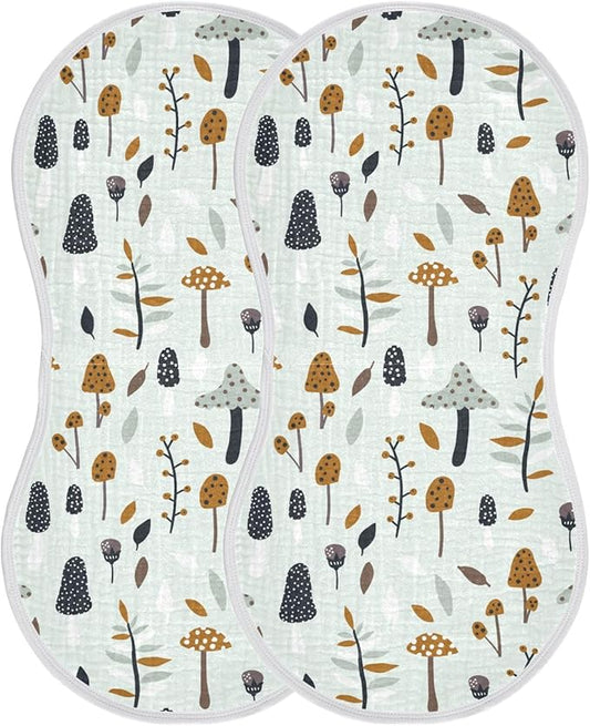 Muslin Burp Cloths for Baby Boys and Girls - 2-Pack Ultra Absorbent Mushroom Muslin Washcloths, Newborn Towel, Milk Spit Up Rags, Burp Cloth Bibs for Unisex, 22 x 11 Inch