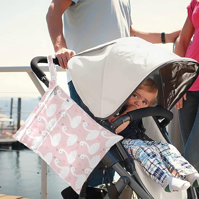 visesunny Cute Swan Heart 2Pcs Wet Bag with Zippered Pockets Washable Reusable Roomy Diaper Bag for Travel,Beach,Pool,Daycare,Stroller,Diapers,Dirty Gym Clothes, Wet Swimsuits, Toiletries
