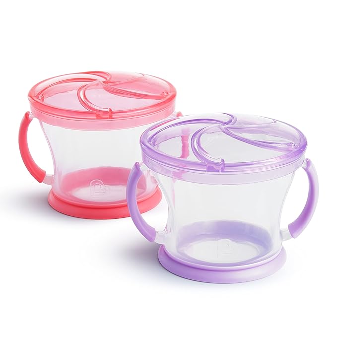 Munchkin® Snack Catcher® Toddler Snack Cups, 2 Pack, Pink/Purple & ® Stay Put™ Suction Bowls for Babies and Toddlers, 3 Pack, Blue/Green/Purple
