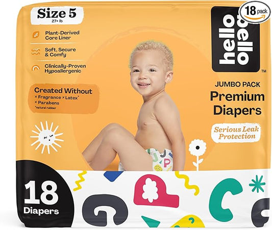 Hello Bello Premium Baby Diapers Size 5, 18 Count of Disposable, Extra-Absorbent, Hypoallergenic Baby Diapers with Snug and Comfort Fit, Alphabet Soup