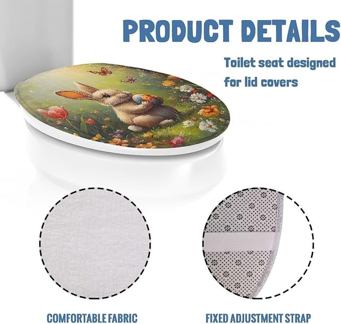 Easter Rabbit Toilet Cover Seat Pad Flannel Fabric Toilet Protector Cover Dustproof Elastic Edges Toilet Seat Cover Universal for Most Toilet Bowl Lids