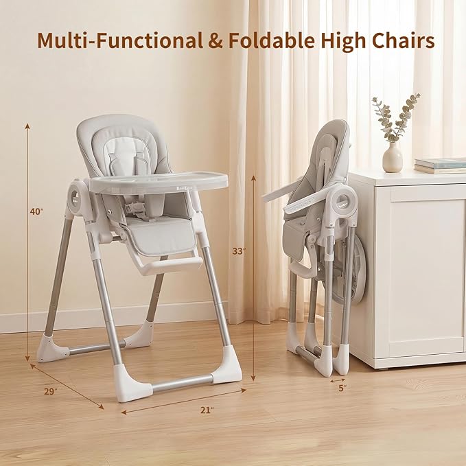 Babilous High Chair, Foldable High Chairs for Babies and Toddlers, Ultra Safe for Infant with Lockable Wheels, Easy Clean, Removable Tray/Adjustable Footrest for Baby Feeding HighChair, Grey