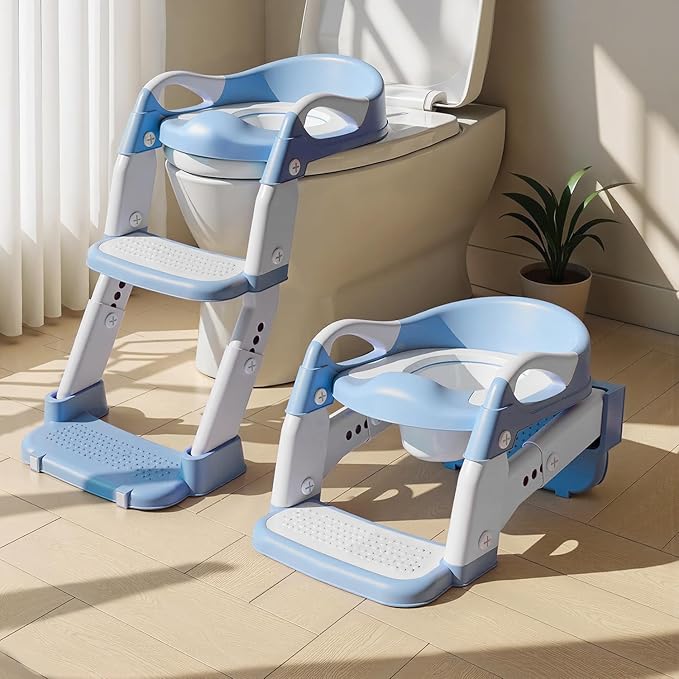 3-in-1 Potty Training Seat & Training Toilet & Potty Chair, Height AdjustableToddler Toilet Seat for Kids, Foldable Potty Training Toilet with Splash Guard & Anti-Slip Steps (Blue)