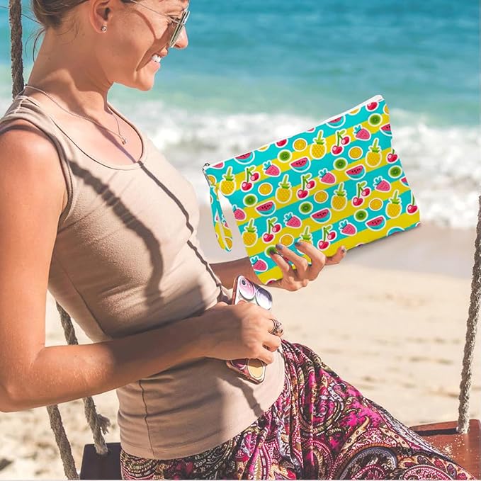 IAXIC Wet Dry Bag, Wet Bag for Swimsuit, Diaper Sunscreen Large Zipper Pouch Waterproof Pouch, Beach Bags for Women, Cherry and Orange Pattern, Gifts for Ladies Girls Friends Colleagues and Sisters