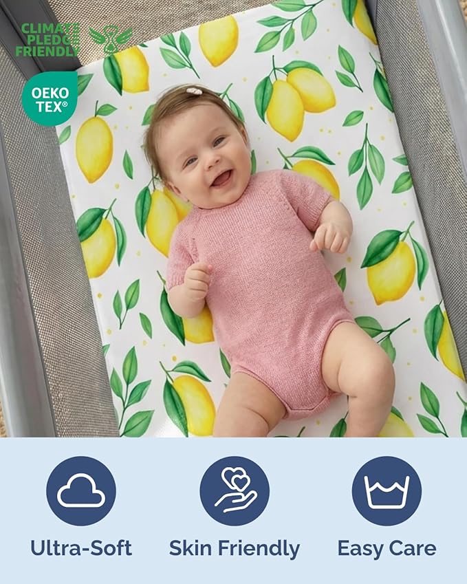 Pack and Play Sheets Fitted - 2 Pack Mini Crib Sheets for Pack N Play Mattress - Unisex Playard Microfiber Bedding for Boys & Girls - Soft, Breathable and Wrinkle Free - Oeko-Tex, 38 x 26in - Lemons