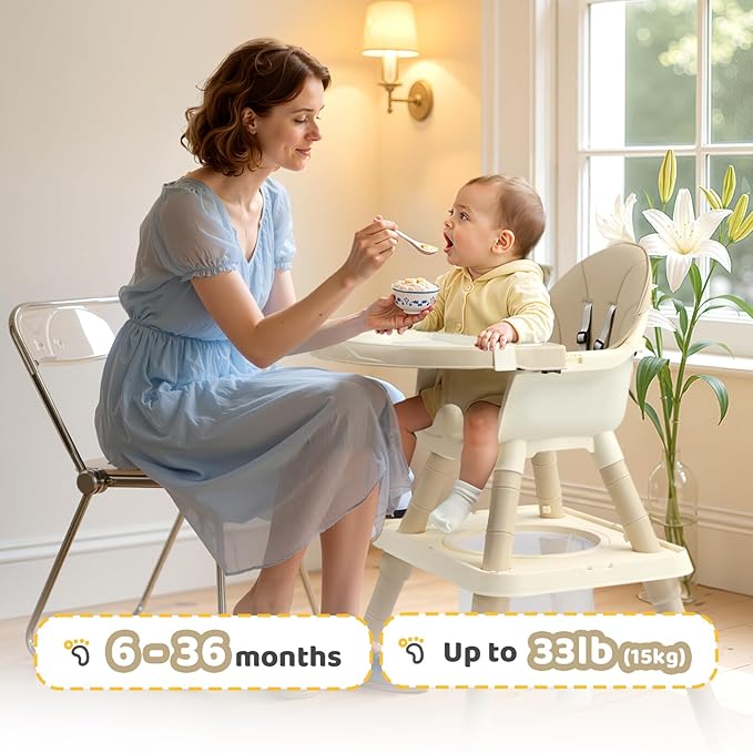 JOYMOR 7 in 1 High Chair for Babies and Toddlers, Convertible Kids Learning Table and Chair with Large Baske for Storage (Beige)