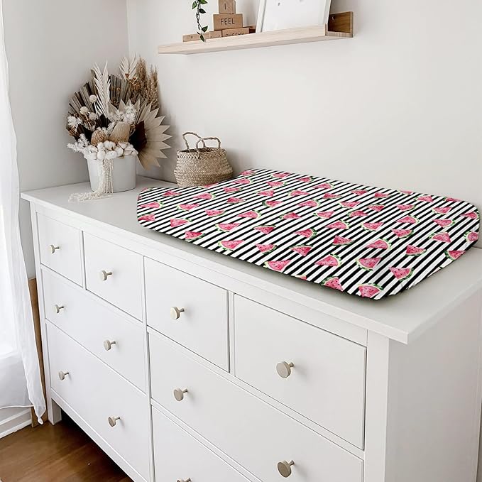 Watercolor Watermelon Stripes Changing Pad Covers Watermelon Fruits Diaper Changing Table Cover Sheets for Boy Girl Boho Summer Fruits Soft Breathable Stretch Fitted Baby Changing Table Mats 32''x16''