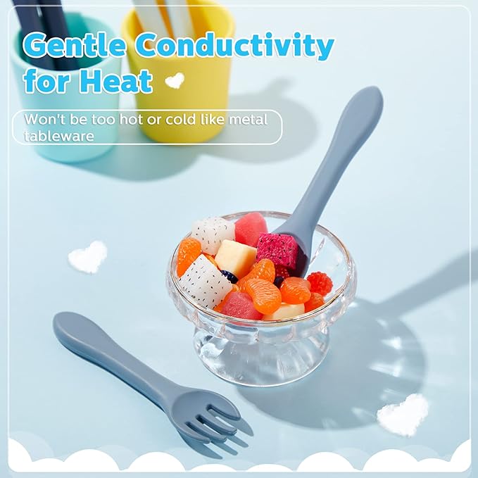 Nuenen 6 Pieces Silicone Baby Feeding Forks and Spoons Set Hot Safety First Stage Self Feeding Supplies Mini Kids Utensils for over 6 Months Babies Boy Girl Toddlers First Foods (Ocean Color)