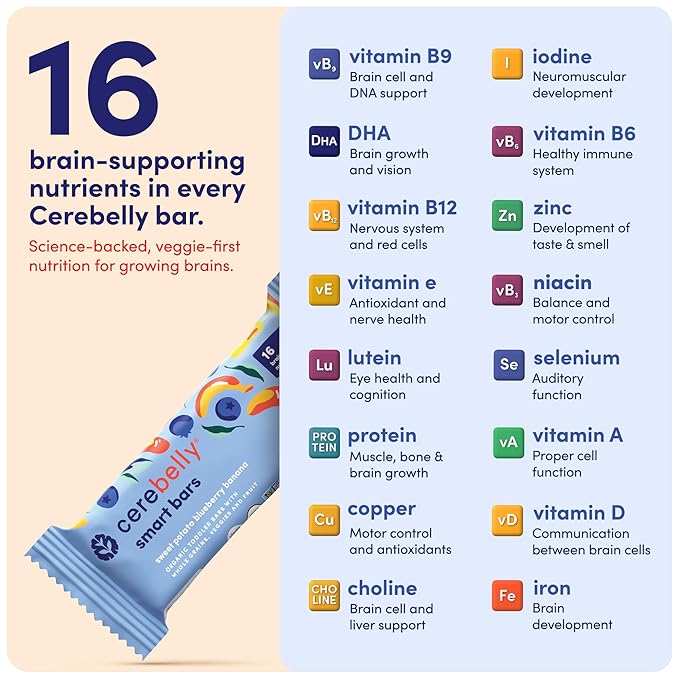 Cerebelly Organic Toddler Smart Bars 40-Count, Sweet Potato Blueberry Banana Smart Bars, 16 Brain-Supporting Nutrients, No Added Sugar, Gluten Free, Nut Free, Kids Snacks