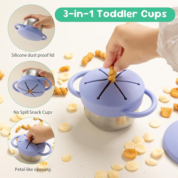 Bufilea 1 Pack Snack Containers for Toddlers, Stainless Steel Toddler Snack Cups with Silicone Food Catcher & Lids,Snack Cups for toddlers Spill Proof