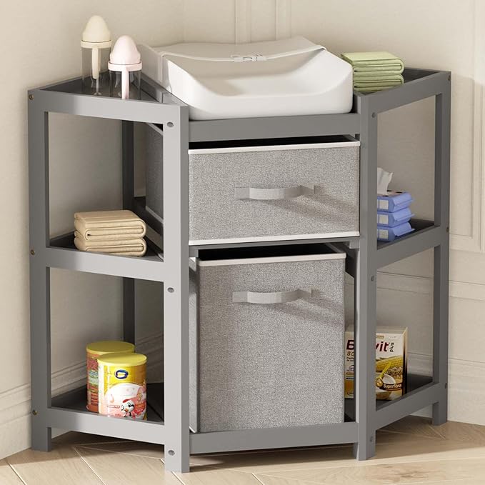 Glaf Corner Changing Table, Baby Diaper Changing Station with Storage Drawer Laundry Hamper Multifunctional Portable Diaper Station with Changing Pad for Newborn Infant (Grey)