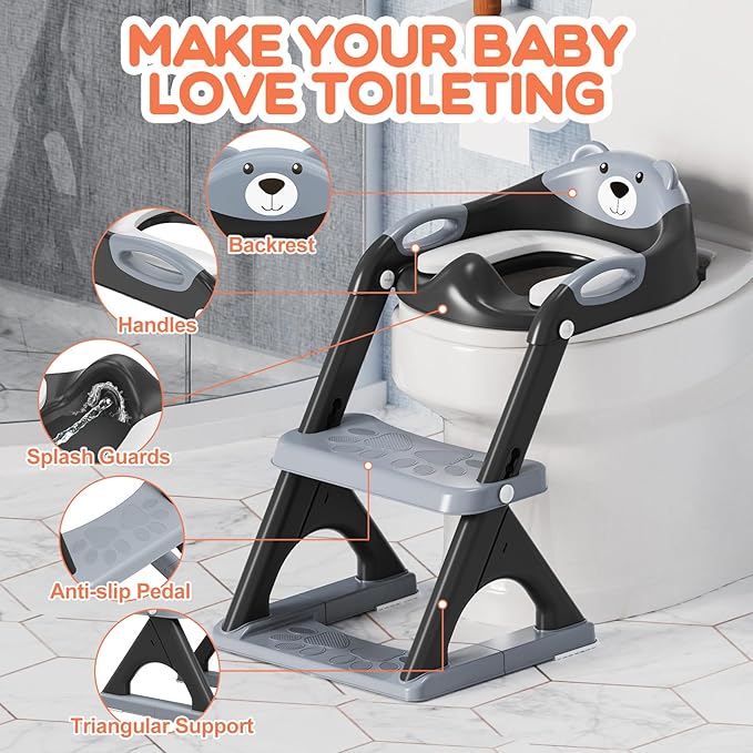 Potty Training Seat with Step Stool Ladder, Toddler Toilet Seat for Boys Girls, Adjustable 6 Heights Fits Round & Elongated Toilets, Anti-Slip Pads & Leak-Proof Guard