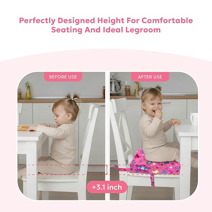 Toddler Booster Seat for Dining Table & Kitchen Chairs - Premium Foam with Non-Slip Bottom & Double Adjustable Straps, Safety Certified, Portable Travel &Easy to Clean (Pink-Princess)