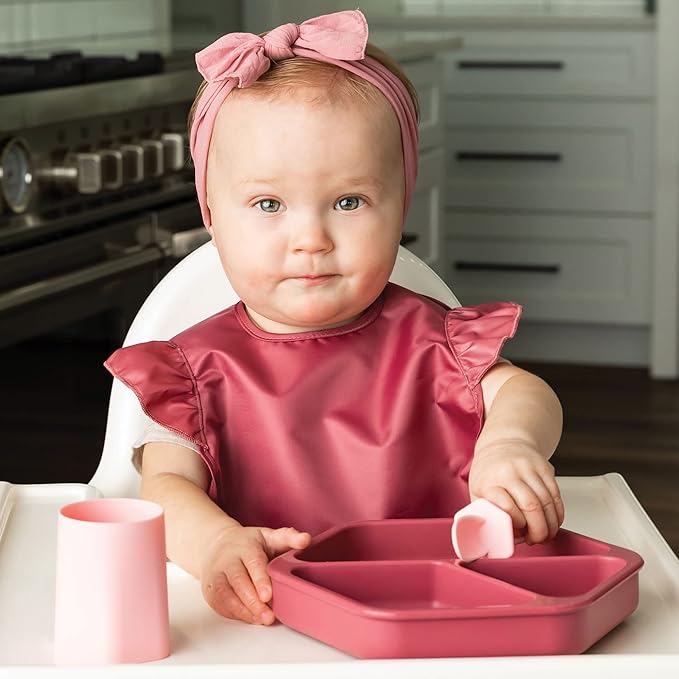 Tiny Twinkle Silicone Suction Baby Plate, Suction Grip Divided Dish for First Foods and Self-Feeding Toddlers, Baby Led Weaning Supplies for Independent Eating (Burgundy Plate with Lid)