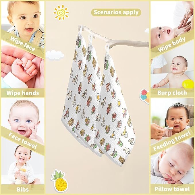 vvfelixl Baby Muslin Washcloths Asian Food Icons Baby Burp Cloths Cotton Babys Face Towel for Infants Soft 11.8 X 11.8 in, 3 Pack