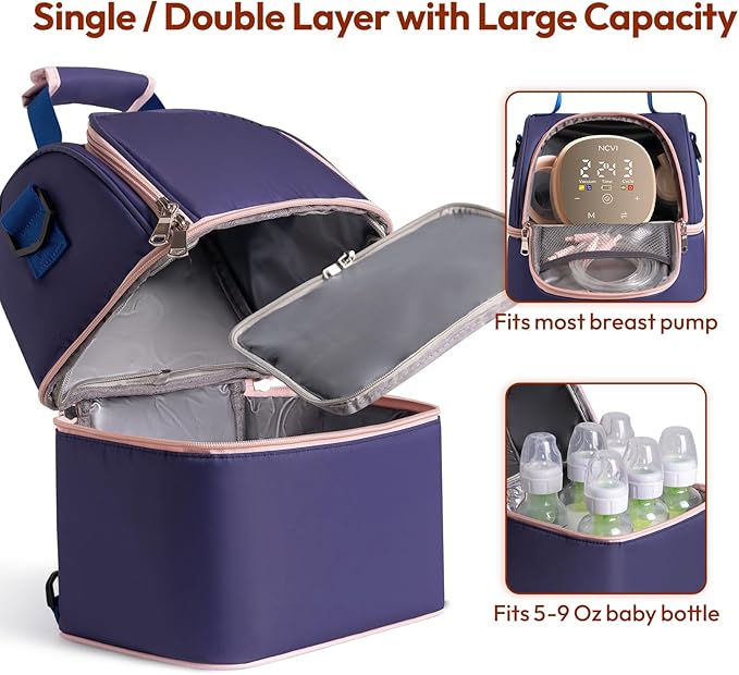 NCVI Breastmilk Cooler Bag with 2 Ice Pack, Breast Pump Bag with Cooler Fits 6 Bottles, Double Layer Breast Milk Baby Bottle Cooler Bag, for Travel, Nursing Mom Daycare, Work, Picnic (Purple)
