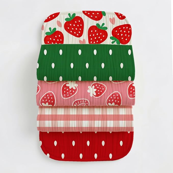 5 Pack Baby Burp Cloths, Soft Cotton Sweet Strawberry & Berry Harvest Theme Burp Cloths, Super Absorbent Cute Gingham & Fruit Print Washcloths, Newborn Baby Essentials Gift Set