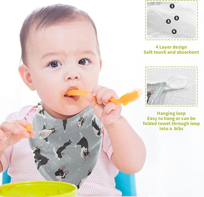 vvfelixl Boston Terrier Baby Burp Cloths Baby Muslin Washcloths for Boys Girls Cotton Baby Face Towel for Newborn Infants Soft and Absorbent 11.8 X 11.8 in, 5 Pack