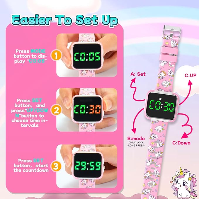 Potty Training Watch & Chart for Toddler Girls: Adjustable Volume Potty Watches for Kids Unicorn Potty Training Chart with Reward Stickers Toilet Training Tools Gifts for Girl (Pink)