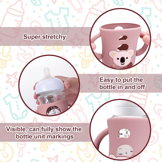 Juome Silicone Sleeves with Handles for Avent Natural Glass Baby Bottle - 3 Pack Koala Shape Anti Breakage Baby Bottles Holder, Compatible with Philips Avent Anti Colic Baby Bottles 8 oz