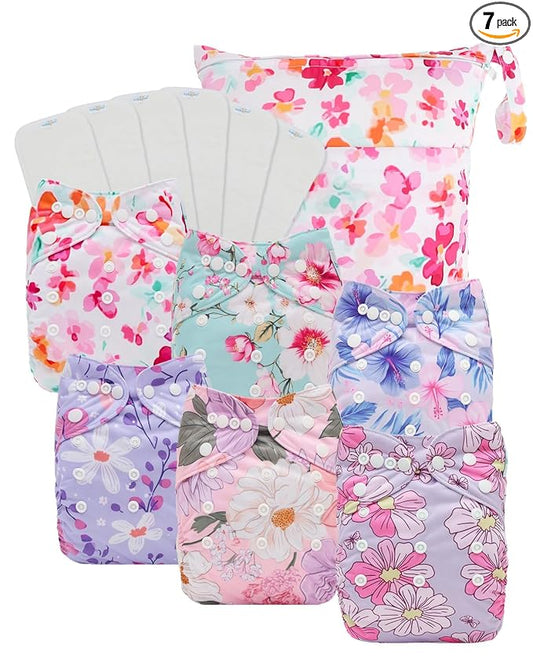 Babygoal Baby Cloth Diaper 6 Pack with 6pcs Inserts and Wet Bag for Fitted Diapers and Prefolds, Adjustable and Reusable Covers for Toddler Boys and Girls