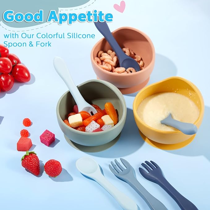 Nuenen 6 Pieces Silicone Baby Feeding Forks and Spoons Set Hot Safety First Stage Self Feeding Supplies Mini Kids Utensils for over 6 Months Babies Boy Girl Toddlers First Foods (Ocean Color)