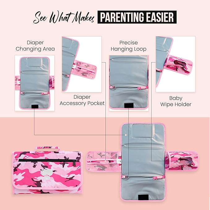 Pink Baby Camo Portable Diaper Changing Pad Waterproof Foldable Travel Mat with Pockets Soft Oxford Fabric Lightweight Compact Changing for Parents Multiple Pockets for Storage
