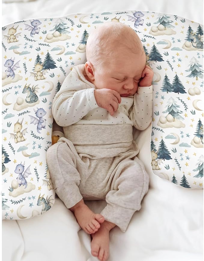 Fairytale Dragons Baby Nursing Pillow Cover for Boy Girl Cute Dragon Moon Stars Clouds Trees Eggs Nursery Pillowcase for Breastfeeding Pillows Fantasy Animal Soft Stretchy Slipcover for Newborn Infant
