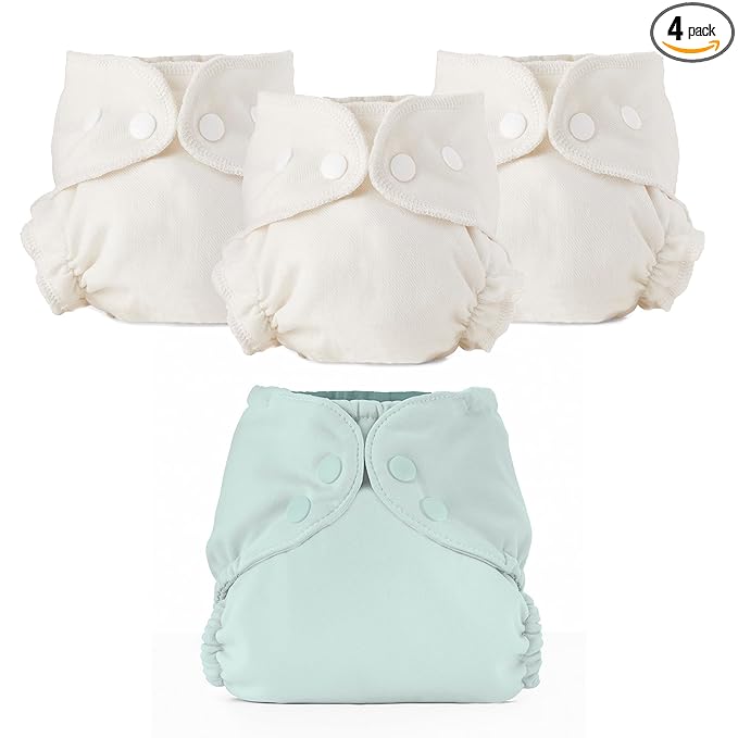 Esembly Cloth Diaper Bundle Set - 3 Organic Cotton Absorbent Inners and 1 Waterproof Outer Diaper Cover - Reusable, Washable, Snap Closure Cloth Diapers - Size 2 (18-35lbs), Mist