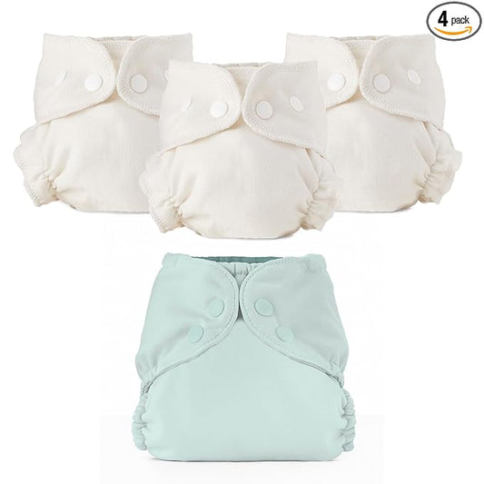 Esembly Cloth Diaper Bundle Set - 3 Organic Cotton Absorbent Inners and 1 Waterproof Outer Diaper Cover - Reusable, Washable, Snap Closure Cloth Diapers - Size 2 (18-35lbs), Mist
