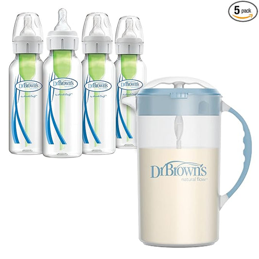 Dr. Brown's Baby Formula Mixing Pitcher 36 oz, Blue with Anti-Colic Options+ Narrow Baby Bottles, 4 Pack, 8 oz