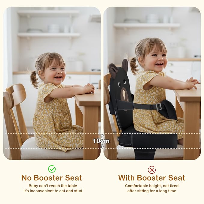 Booster Seat for Kitchen Chair, Toddler Kids Booster Seats for Dining Table with Backrest and Adjustable Strap, Portable PU Waterproof Travel Baby Boy Girl Booster Increasing Cushion (Black, OneSize)