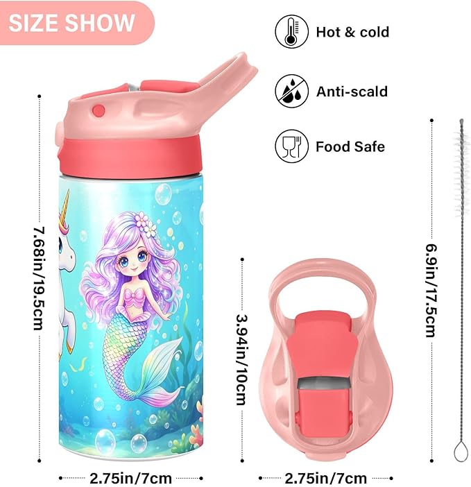 Unicorn Cat with Wings Insulated Water Bottle 20 oz with Straw and Carry Handle Galaxy Space Stars Boys Girls Bottle Vacuum Stainless Steel Bottles Leak-Proof for Sports Travel and School