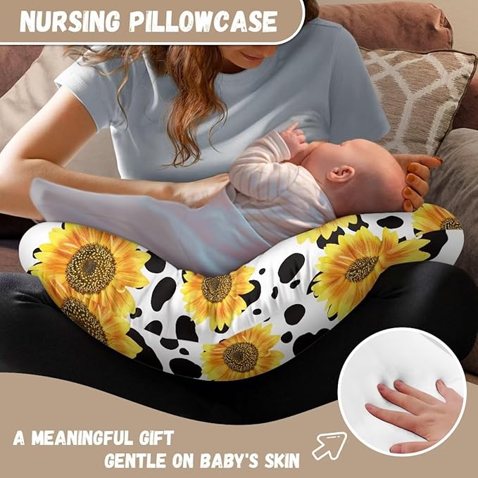 Sunflower & Cow Print Nursing Pillow Cases for Newborn Support for Breastfeeding, Bottle Feeding & Bonding Feeding Pillow Cover Stretchy Comfortable Pillow Slipcover Cover Only