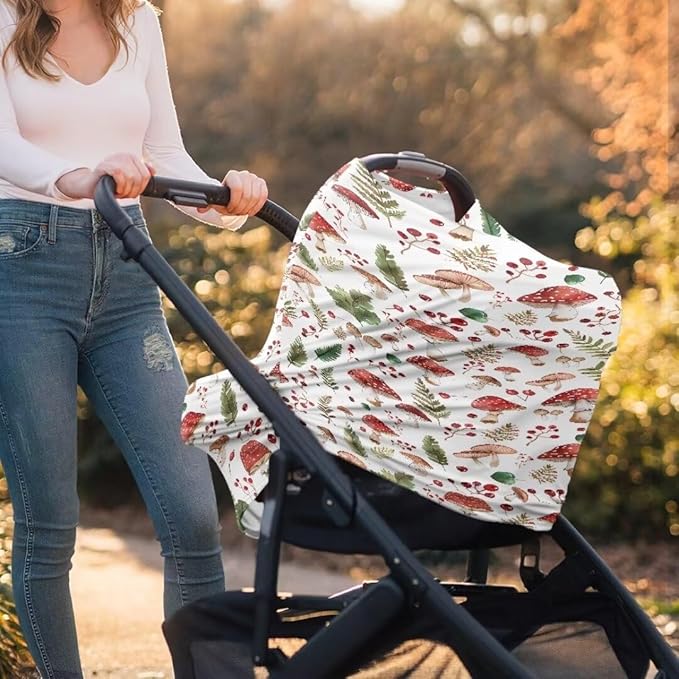 Coldinair Cute Mushroom Car Seat Cover for Babies Boys Girls,Nursing Cover,Soft Stretchy Infant Carseat Canopy,Shopping Cart/High Chair/Stroller Covers