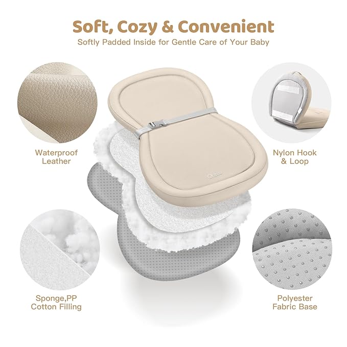 Orzbow Baby Changing Pad, Foldable Diaper Changing Pad for Dresser and Table, Wipeable Changing Pad Easy to Clean, Waterproof PU & Soft Foam Inner, Non-Slip, with Safety Belt, 28" × 19", Beige