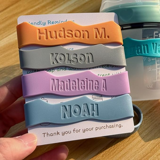 4 Pack Baby Bottle Labels Personalized, Custom Silicone Water Bottle Name Bands for Daycare Reusable, Laser Engraving Bottle Name Tags, Waterproof Customized Kids Cups Grip Straps for School