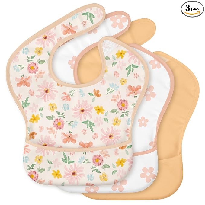 3-Pack Waterproof Baby Bibs for Eating - Mess Proof Lightweight Toddler Feeding Bibs with Large Food Catcher, Food-Grade Baby Eating Essentials, Easy to Put On & Clean(Country Floral)