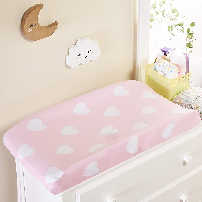 EVERYDAY KIDS 2 Pack Baby Changing Pad Covers for Baby Girl – Fits Most Changing Table Pads; 100% Cotton Jersey Knit, Breathable, Soft Changing Table Topper – Pink and White Hearts and Polka Dots