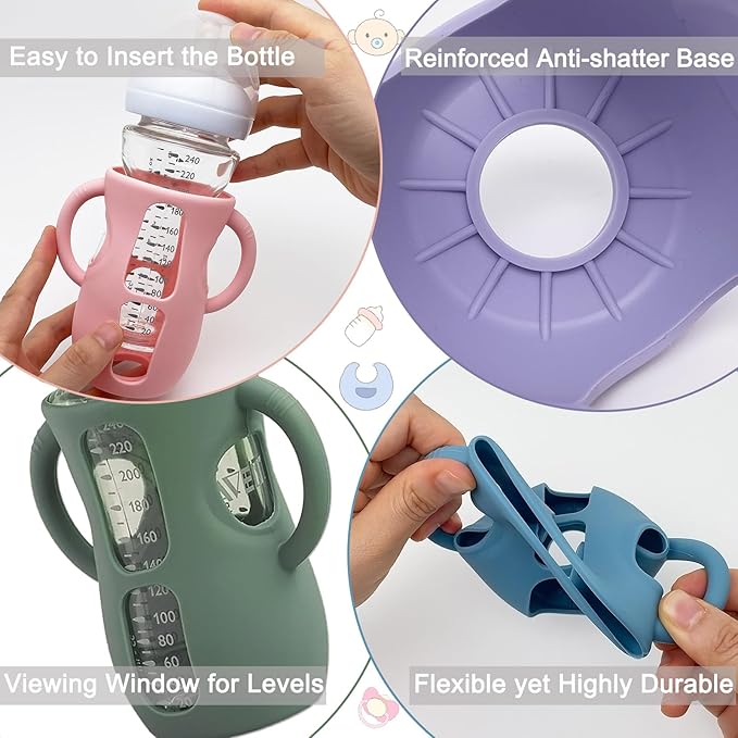 3 Pack Silicone Sleeves for Avent Natural Glass Baby Bottles, Anti Breakage Baby Bottle Holder, Compatible with Philips Avent Glass Natural Baby Bottle (Dark Blue+Dark Green+White, 8 OZ)