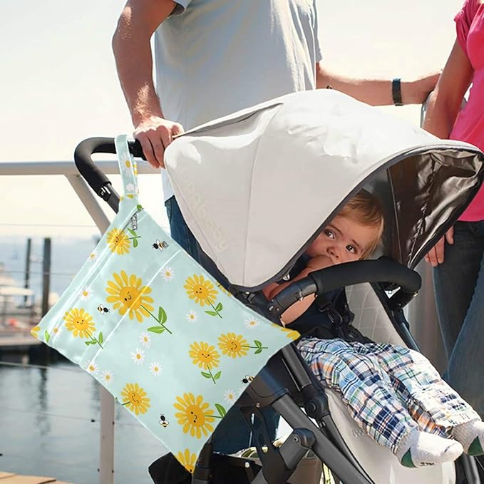 visesunny Sunflower Bee Daisy Green Leaf 2Pcs Wet Bag with Zippered Pockets Washable Reusable Roomy for Travel,Beach,Pool,Daycare,Stroller,Diapers,Dirty Gym Clothes, Wet Swimsuits, Toiletries