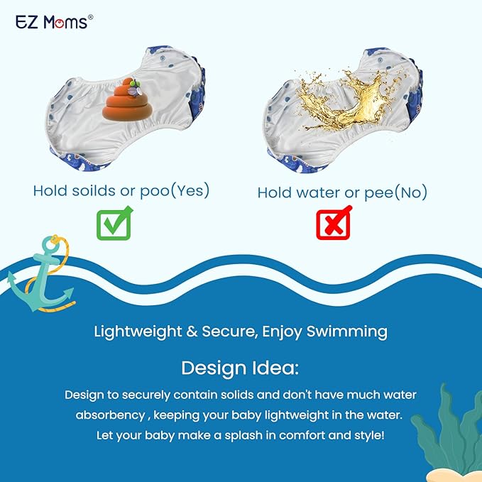 EZ Moms Baby Swim Diapers Reusable 2Pcs Snap One Size Adjustable Washable Newborn Infant Swim Diaper with a Shammy Towel for Baby Boy Water Diaper Waterproof Swimming Diapers for Swimming Lessons