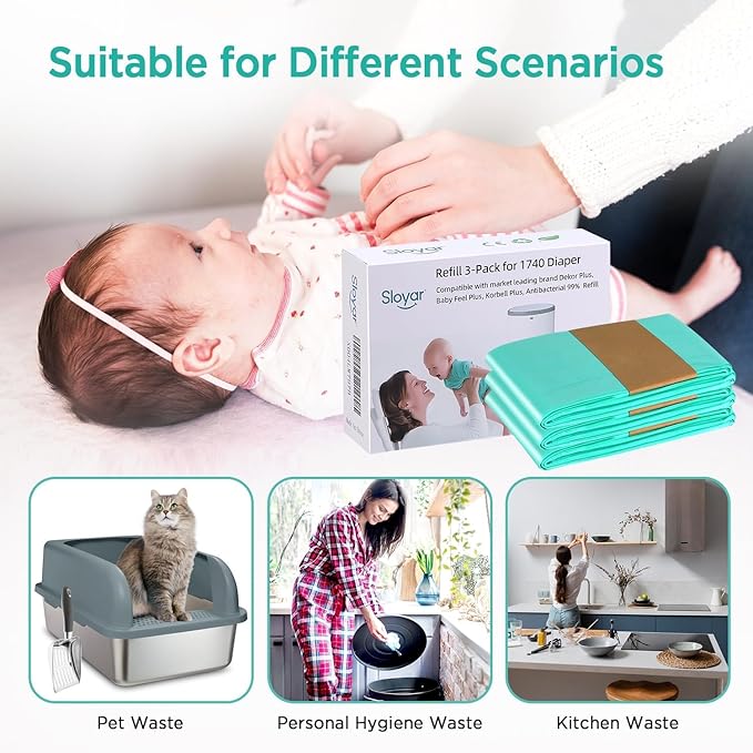 Sloyar Refills Compatible with DEKOR Plus Diaper Pails/3 Pack/30% Thicker Design/Suitable for Seniors and Infants/Baby Powder Fragrance/Holds up to 1740 Diapers