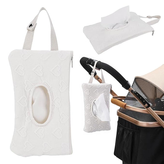 Quilted Baby Wipe Holder, Canvas Floral Quilted Pouch with Hanging Strap, Portable Diaper Wipe Holder for Travel Stroller-Heart White